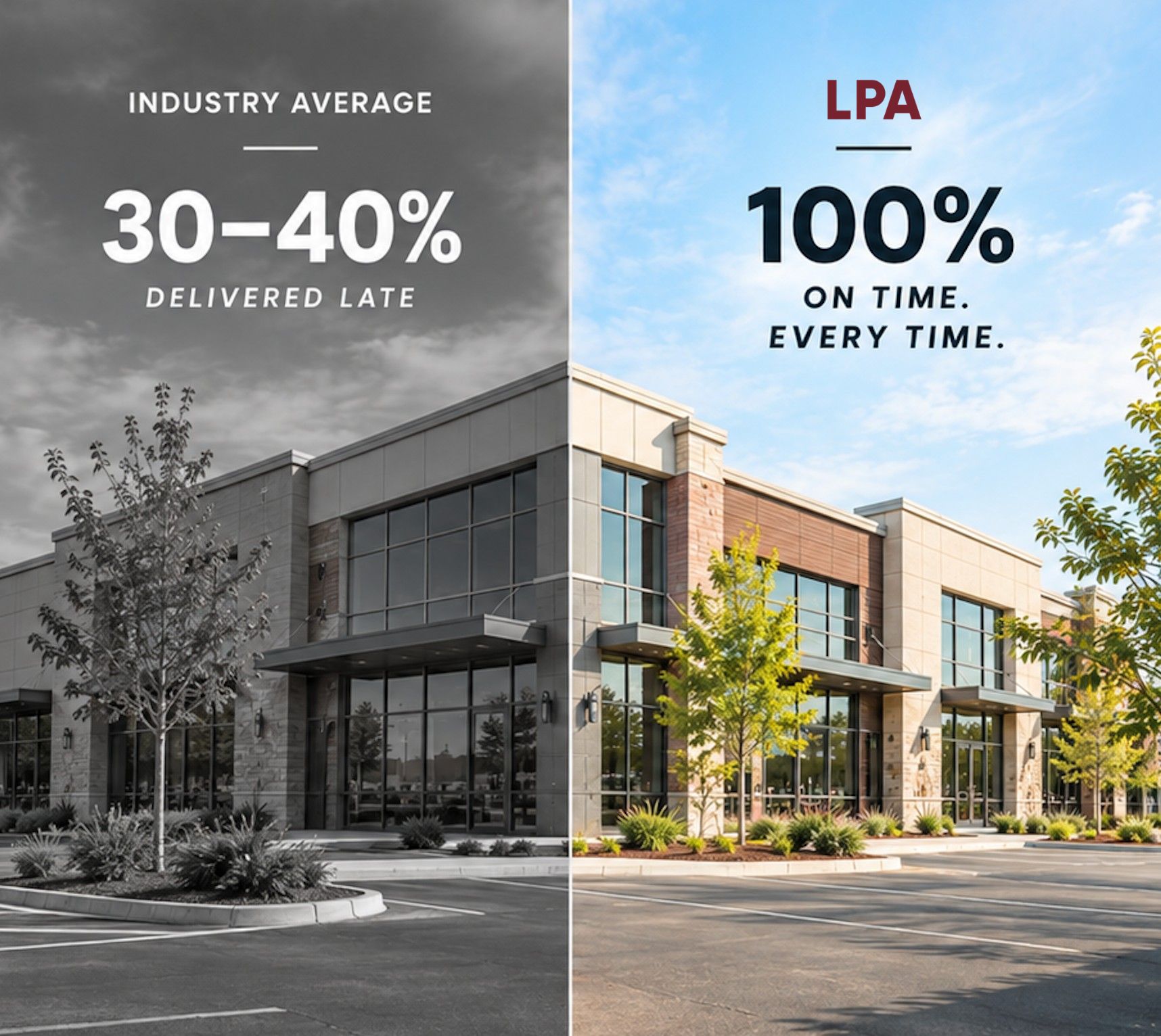 Side-by-side comparison: industry average 30-40% of commercial appraisals delivered late, versus LPA at 100% on time, every time.